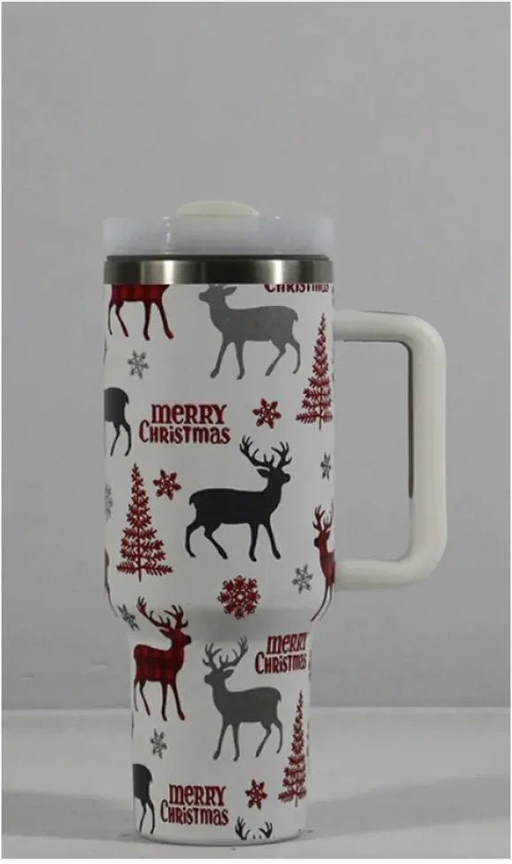 Christmas Stainless Steel Travel Mug with Handle, Lid, and Straw - NexGen Market