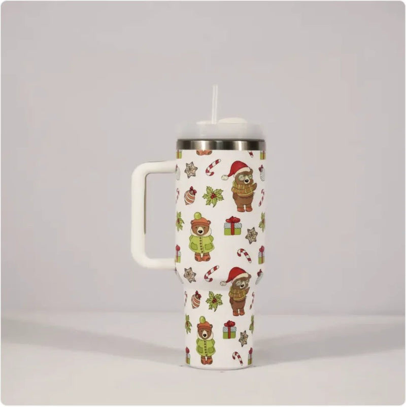 Christmas Stainless Steel Travel Mug with Handle, Lid, and Straw - NexGen Market