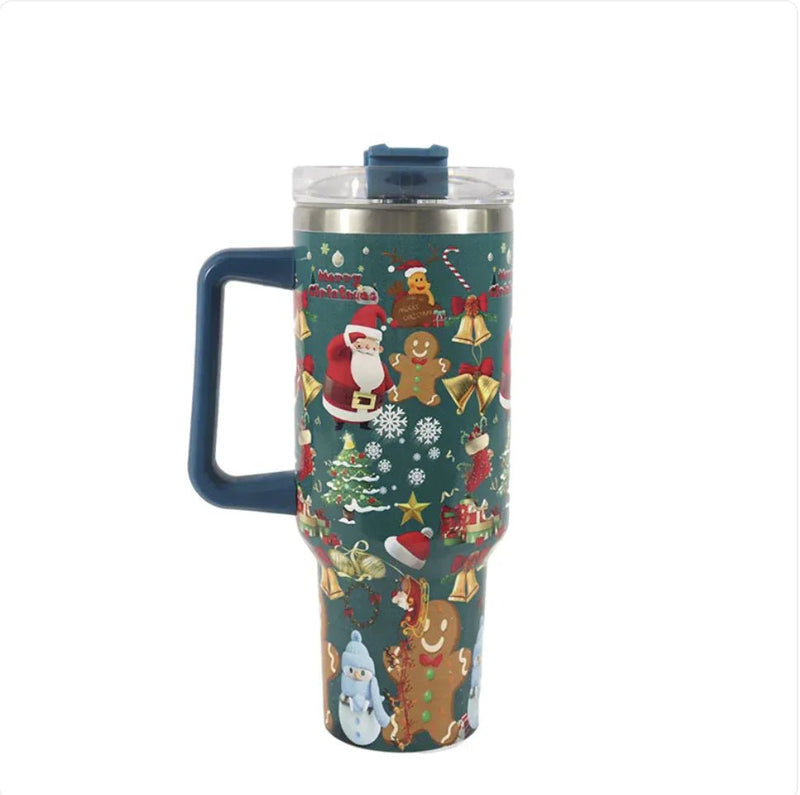 Christmas Stainless Steel Travel Mug with Handle, Lid, and Straw - NexGen Market