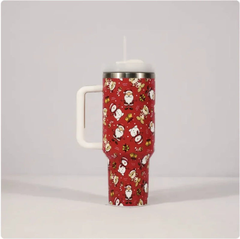 Christmas Stainless Steel Travel Mug with Handle, Lid, and Straw - NexGen Market