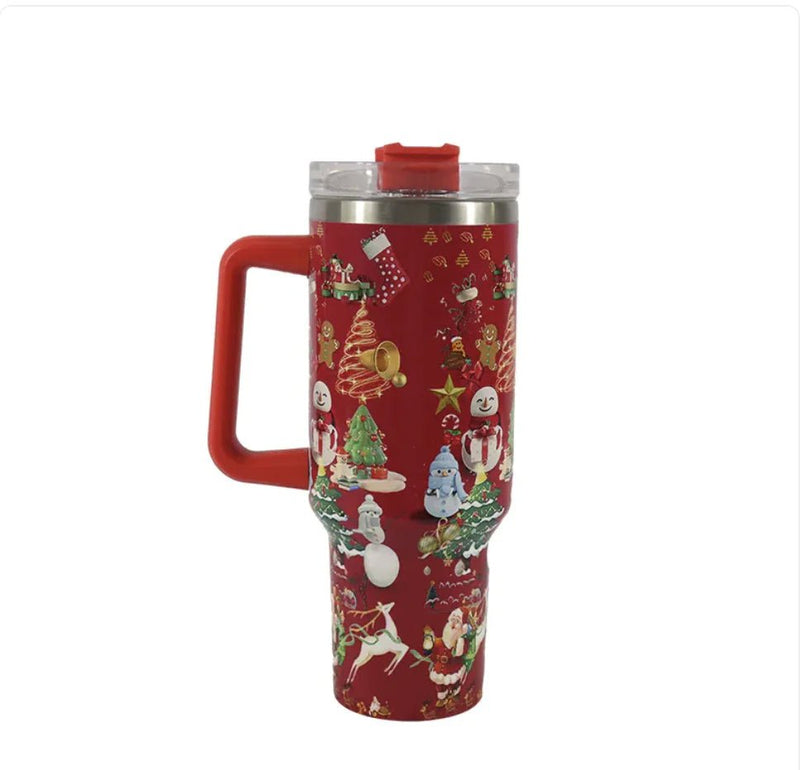 Christmas Stainless Steel Travel Mug with Handle, Lid, and Straw - NexGen Market