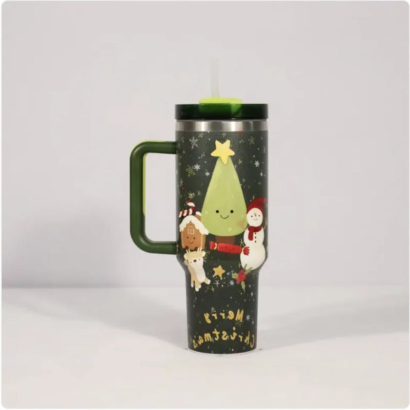 Christmas Stainless Steel Travel Mug with Handle, Lid, and Straw - NexGen Market