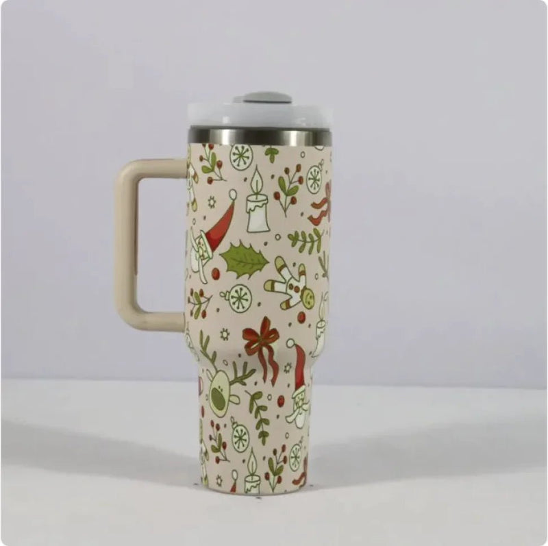 Christmas Stainless Steel Travel Mug with Handle, Lid, and Straw - NexGen Market